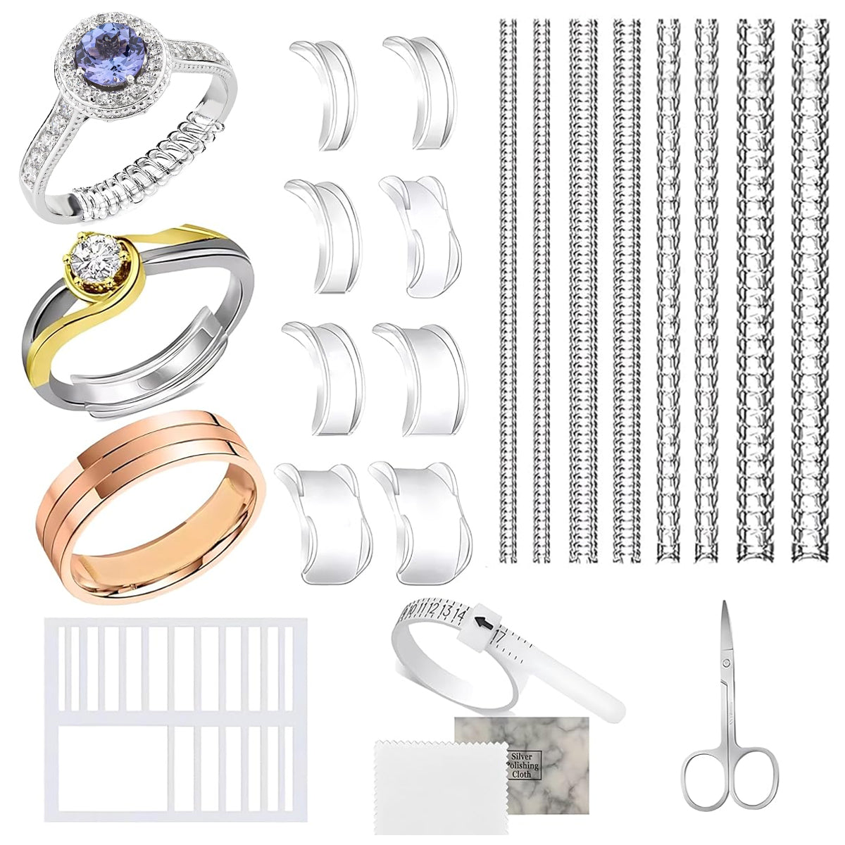 SANNIDHI 20Pcs Ring Adjuster for Loose Rings Invisible Ring Size Measuring Tool, Plug-In Invisible Ring Guards Silicone Tightener Eva Foam Patches Ring Adjusters Set with Polishing Cloth, Scissors SANNIDHI 20Pcs Ring Adjuster for Loose Rings Invisible Ring Size Measuring Tool, Plug-In Invisible Ring Guards Silicone Tightener Eva Foam Patches Ring Adjusters Set with Polishing Cloth, Scissors